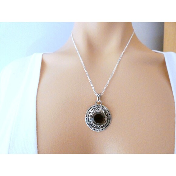 Smoky Quartz Sterling Silver Bali Style Handmade Pendant - Picture 5 of 5